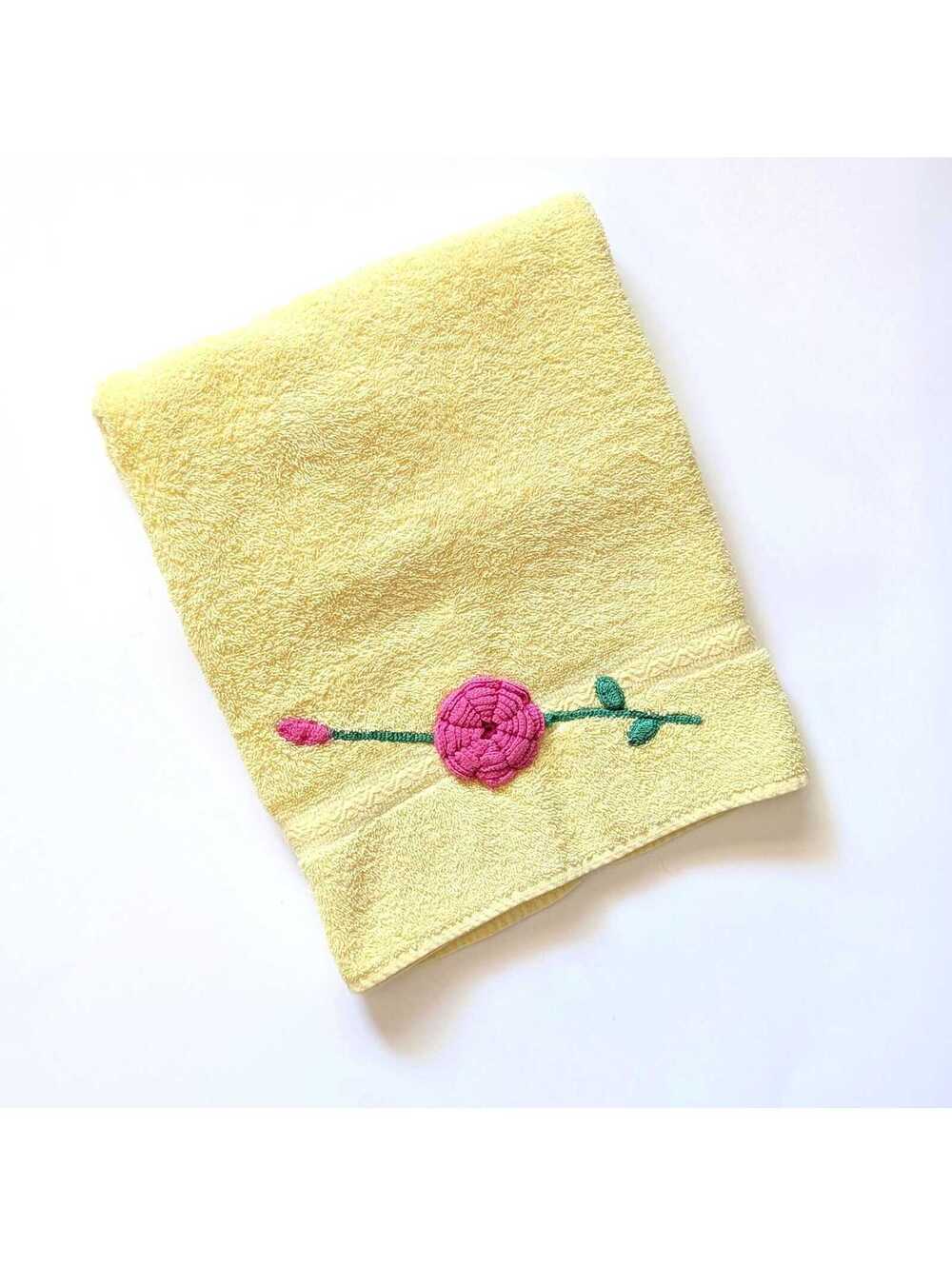 Vintage Yellow Bath Towel with Red Crochet Rose Applique